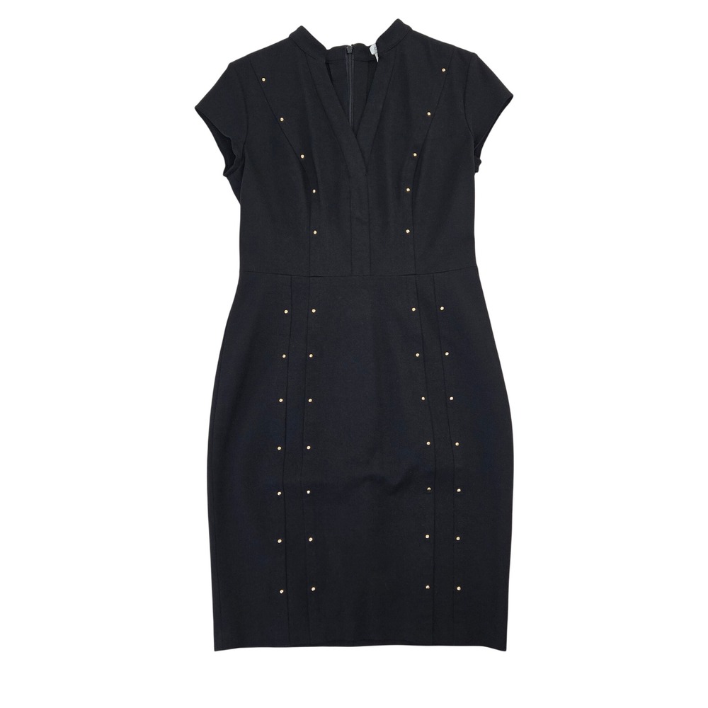 Cache Black Studded V-Neck Cap Sleeve Sheath Dress Size 10 LBD Office Chic